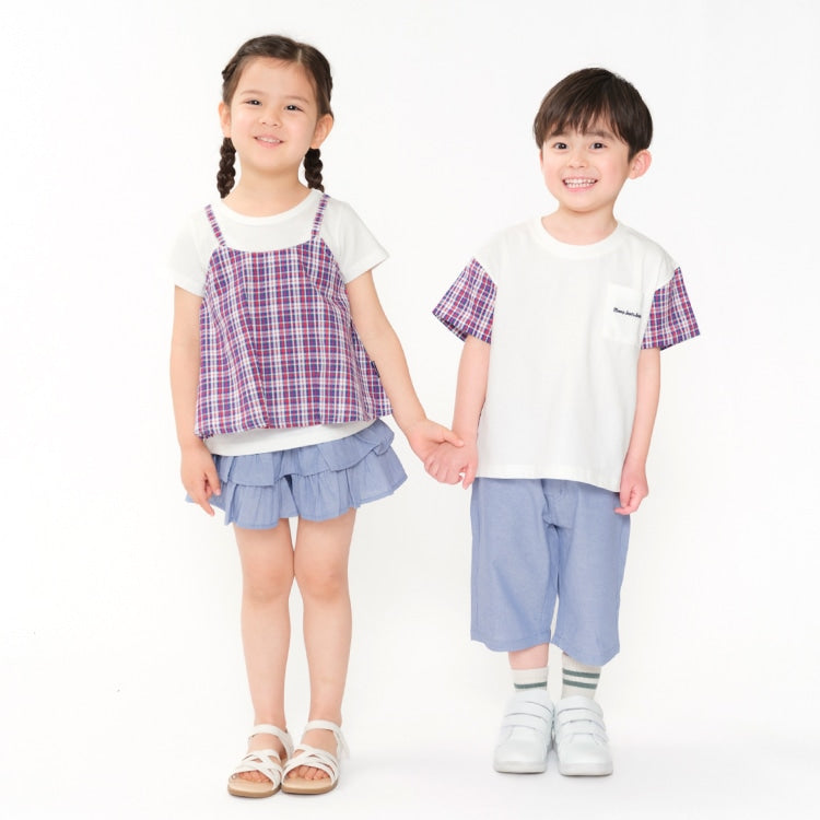 Japanese Moujonjon Checkered Fake Two-Piece Dress 80-140cm Girls Summer TOPS