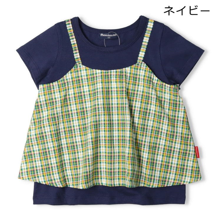 Japanese Moujonjon Checkered Fake Two-Piece Dress 80-140cm Girls Summer TOPS