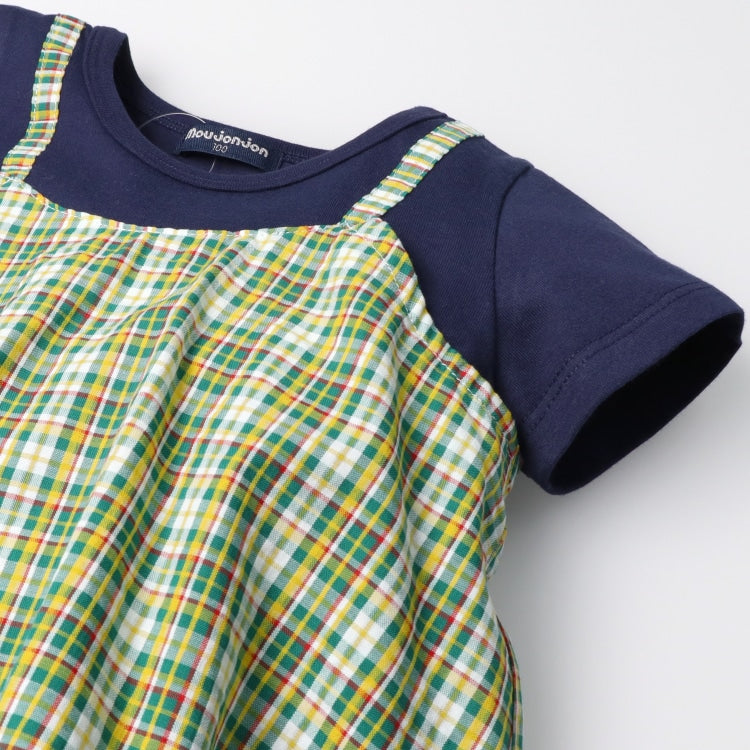 Japanese Moujonjon Checkered Fake Two-Piece Dress 80-140cm Girls Summer TOPS