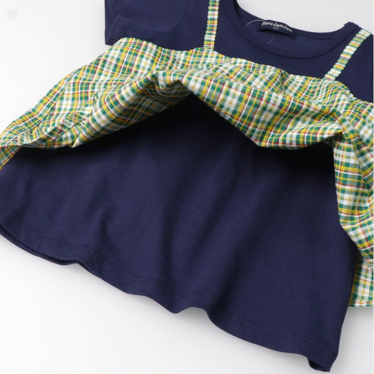 Japanese Moujonjon Checkered Fake Two-Piece Dress 80-140cm Girls Summer TOPS
