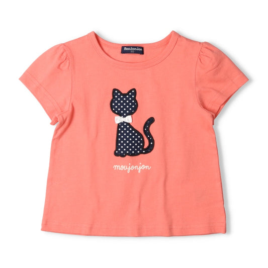 Japanese Moujonjon Bear and Cat Applique Short Sleeve Top 80-140cm Girls Summer TOPS