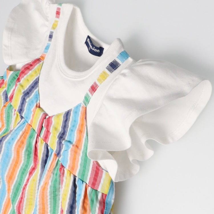 Japanese Moujonjon children's clothing colorful striped fake two-piece top 80-140cm girls summer TOPS