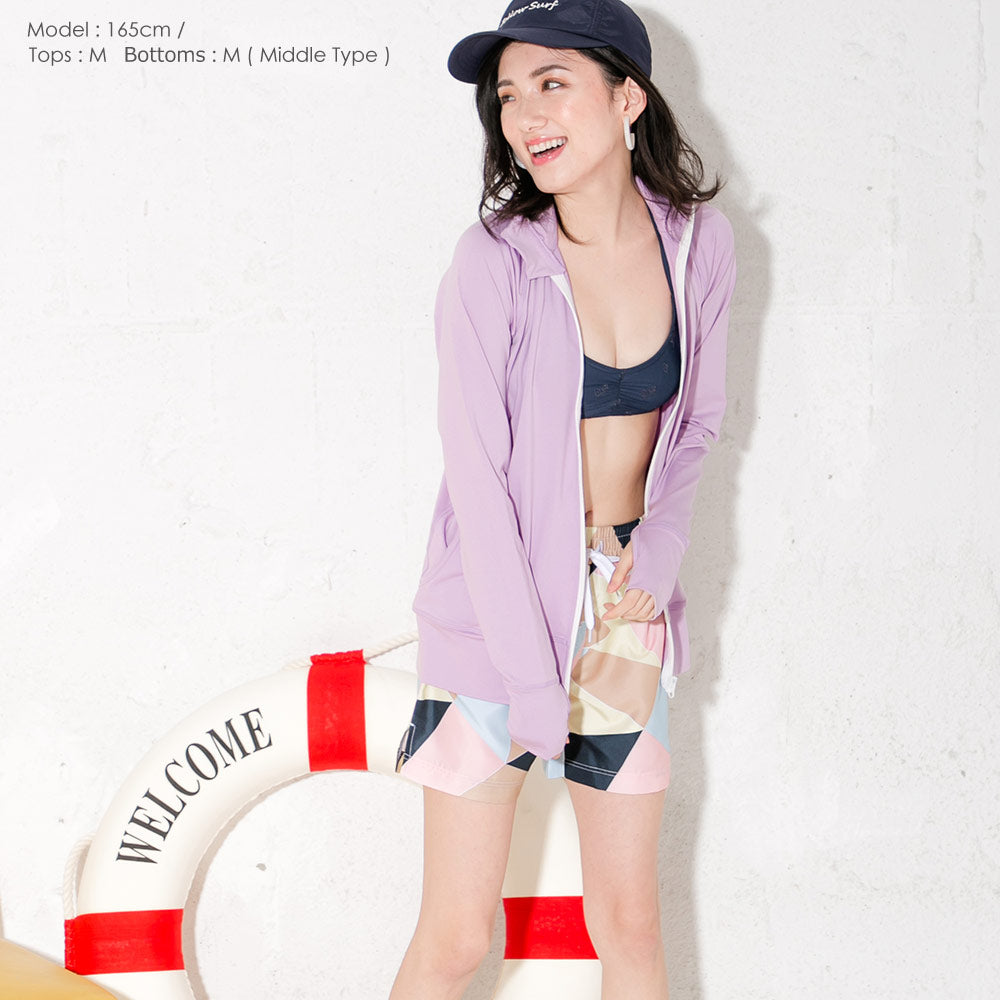 Directly from Japan, this stand-up collared jacket is both cool and comfortable to wear on land and water. It's UV-resistant (98%), UPF50+, chlorine-resistant, quick-drying, and lightweight. S-3L Adult Summer Swimsuit Special!