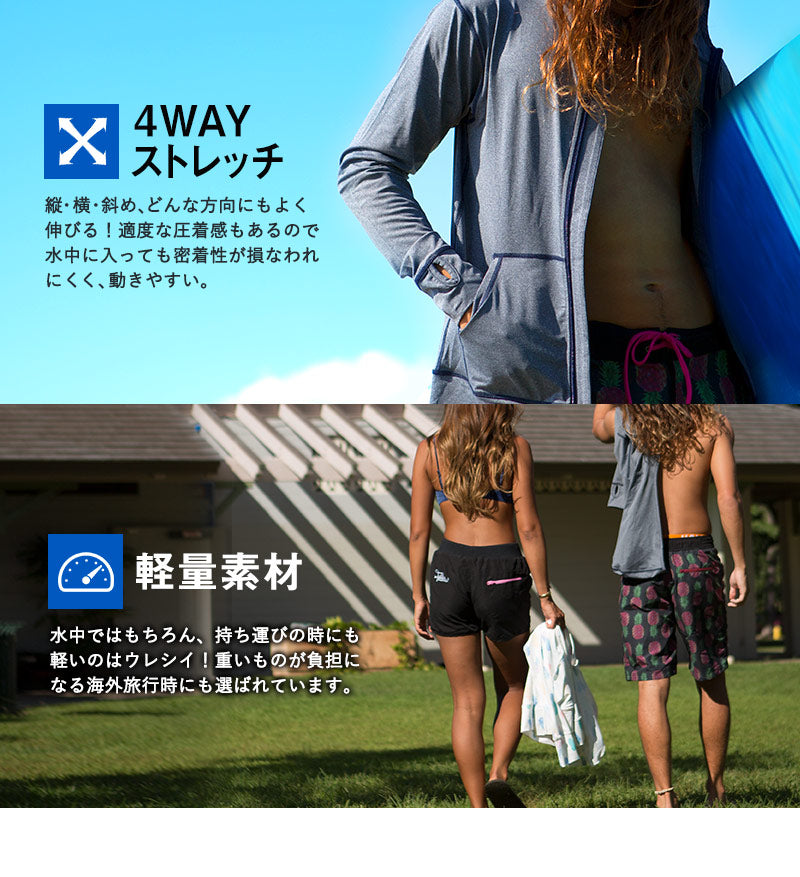 Direct from Japan, this lightweight hooded jacket is both cool and comfortable for both land and water use. It's UV-resistant (98%), UPF50+, chlorine-resistant, quick-drying, and lightweight (S-3L). Adult summer swimsuit special.