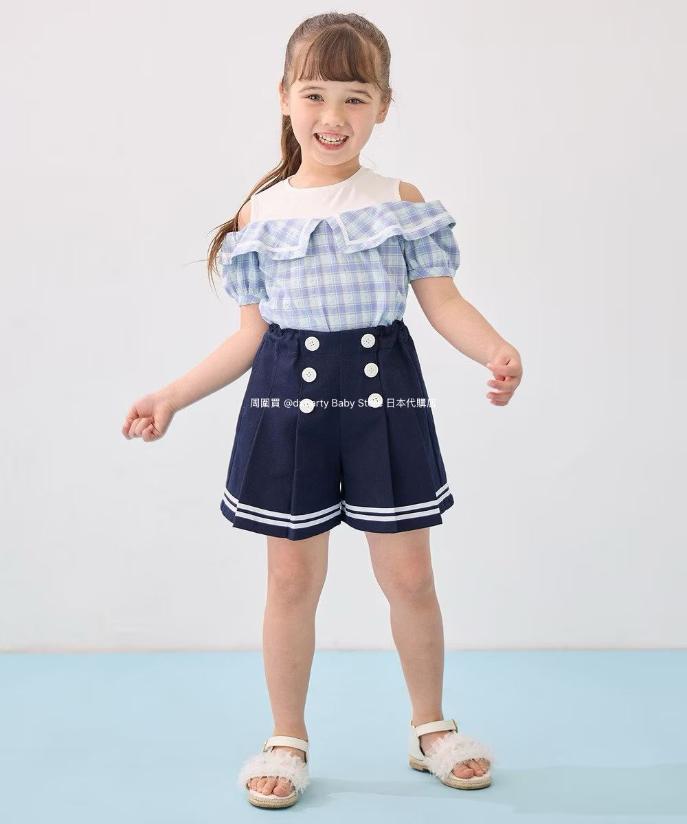 Japanese children's clothing aF#a325 plaid off-the-shoulder top 110-160cm girls summer TOPS