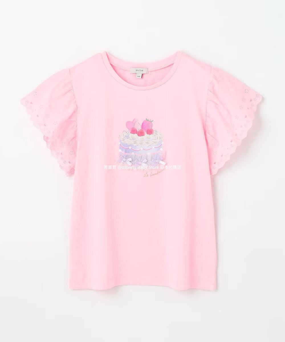 Japanese children's clothing aF#a325 lace sleeve cake print short-sleeved top 90-160cm girls summer TOPS