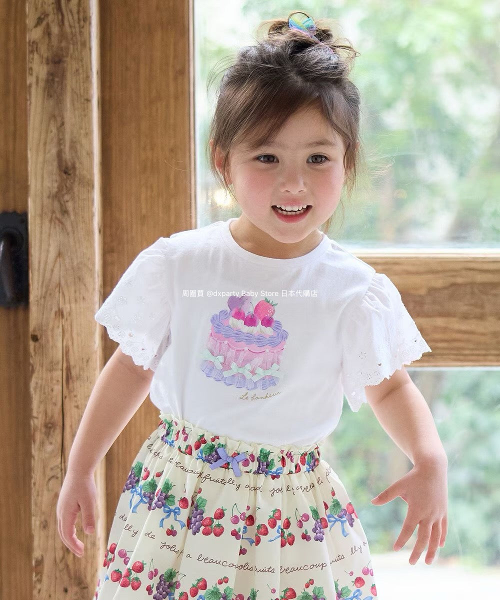 Japanese children's clothing aF#a325 lace sleeve cake print short-sleeved top 90-160cm girls summer TOPS