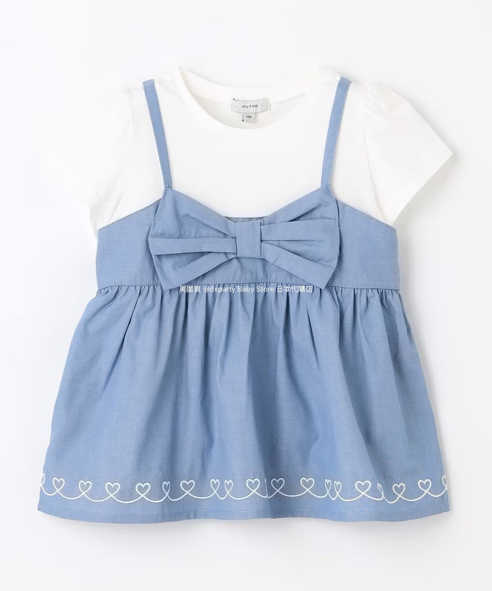 Japanese children's clothing aF#a325 Bowknot fake two-piece top 90-160cm girls summer TOPS