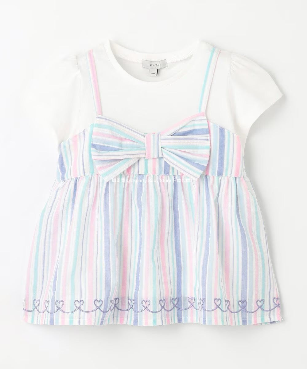 Japanese children's clothing aF#a325 Bowknot fake two-piece top 90-160cm girls summer TOPS