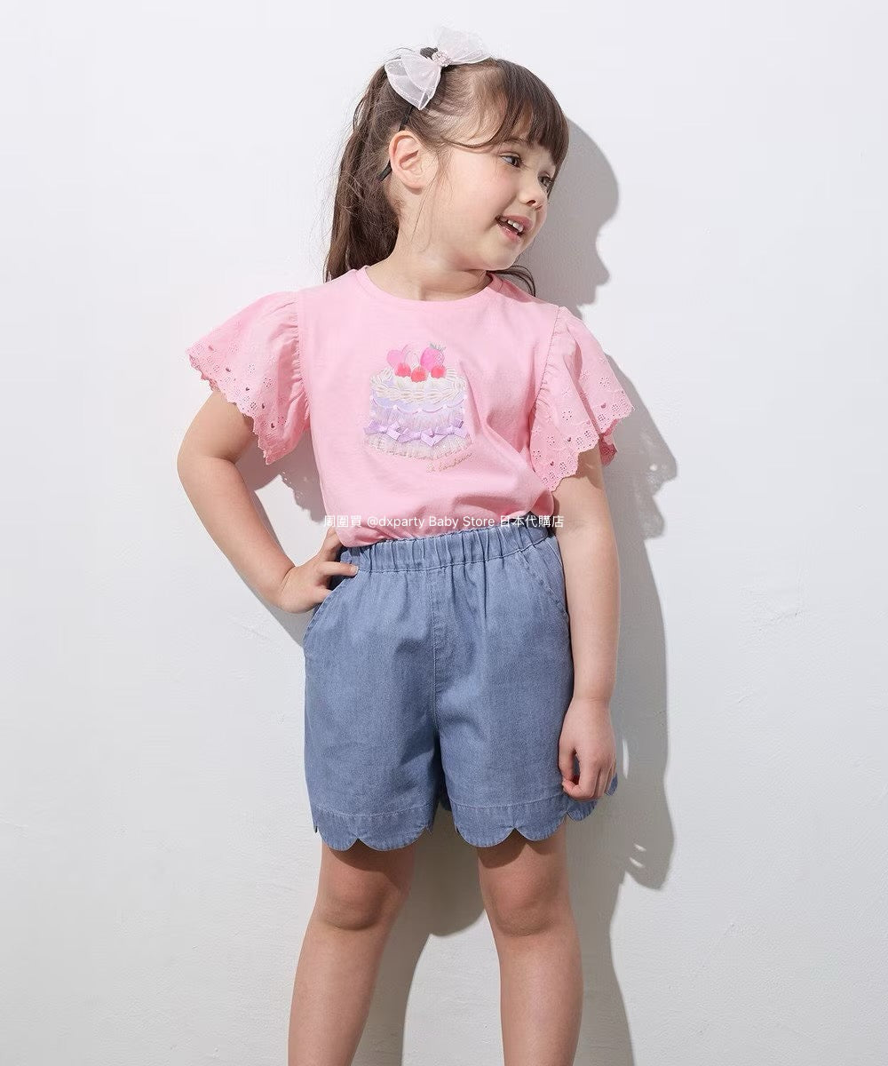 Japanese children's clothing aF#a325 lace sleeve cake print short-sleeved top 90-160cm girls summer TOPS