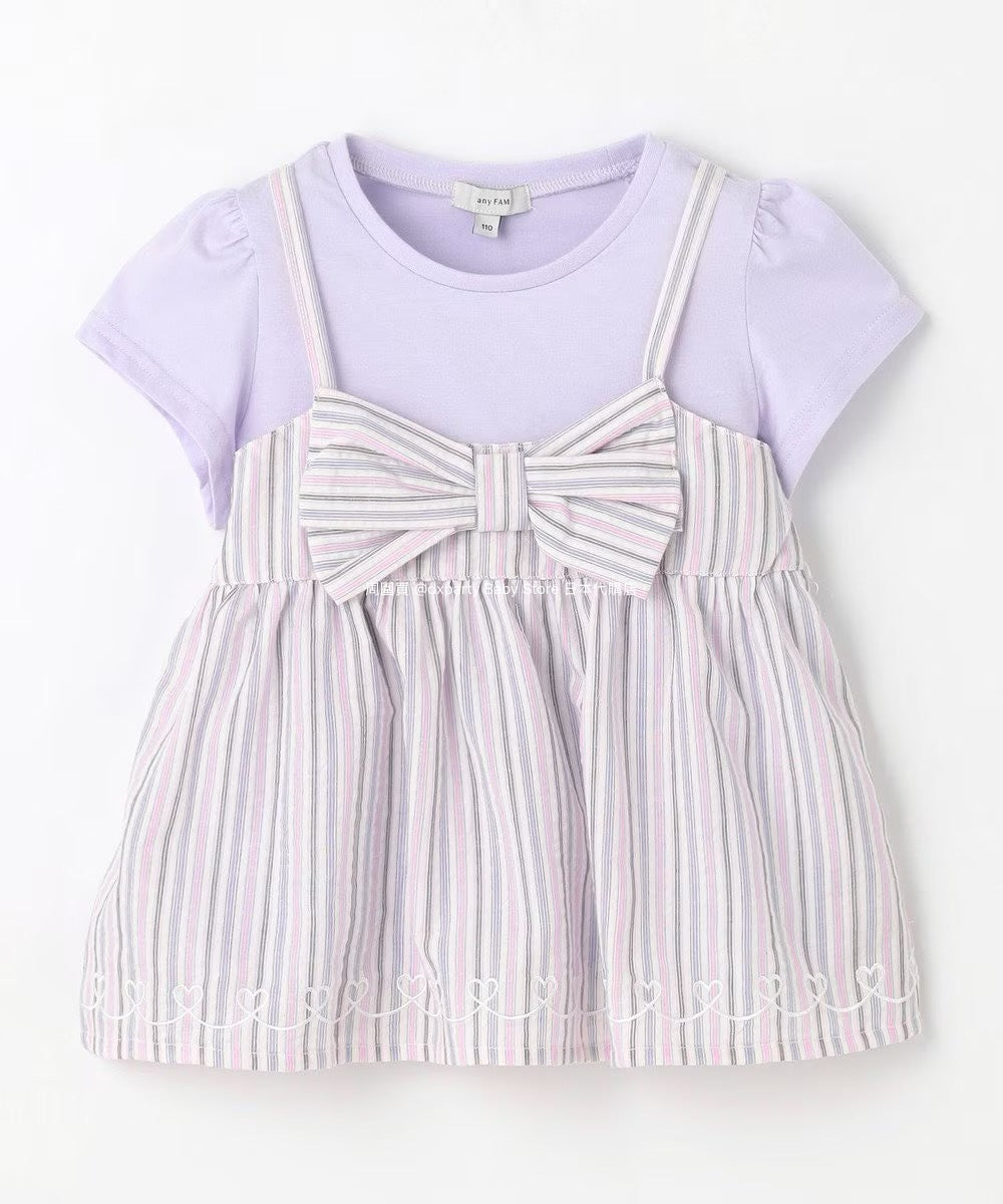 Japanese children's clothing aF#a325 Bowknot fake two-piece top 90-160cm girls summer TOPS