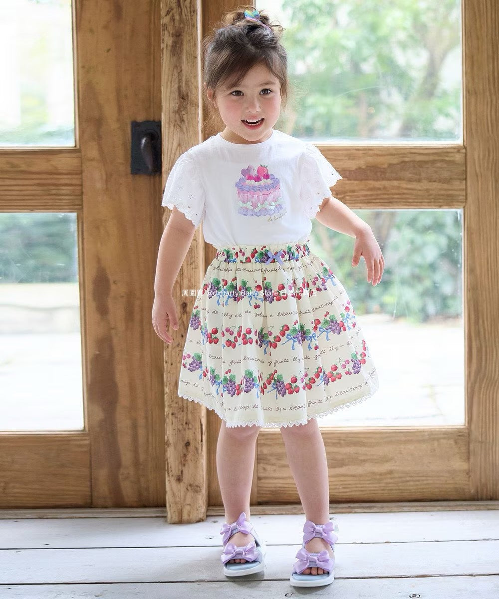 Japanese children's clothing aF#a325 lace sleeve cake print short-sleeved top 90-160cm girls summer TOPS