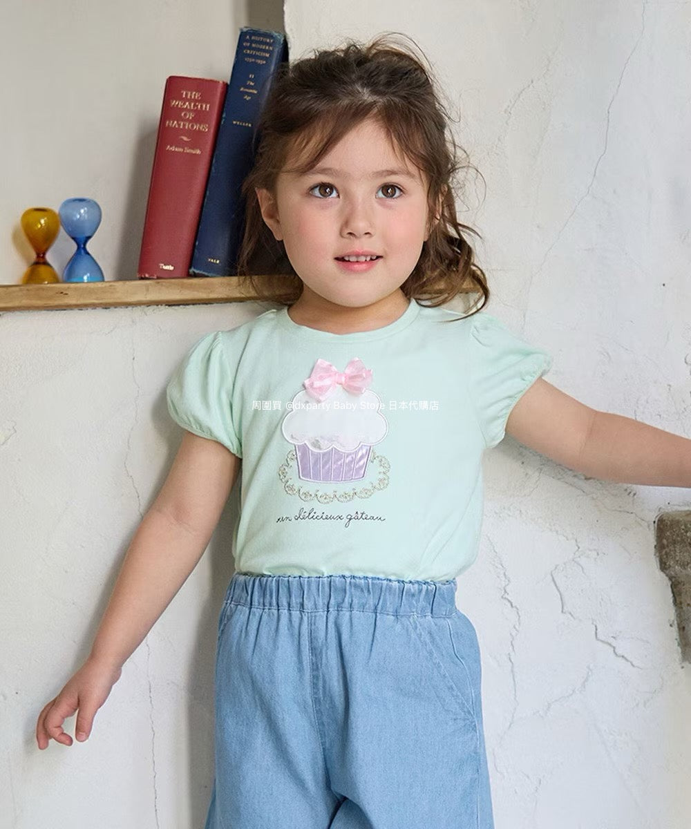 Japanese children's clothing aF#a325 beaded applique short-sleeved top 100-150cm girls summer TOPS