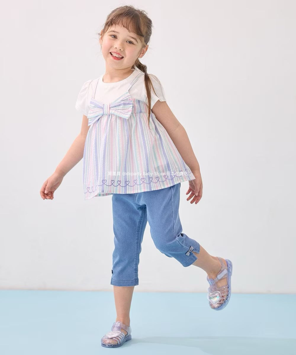 Japanese children's clothing aF#a325 Bowknot fake two-piece top 90-160cm girls summer TOPS