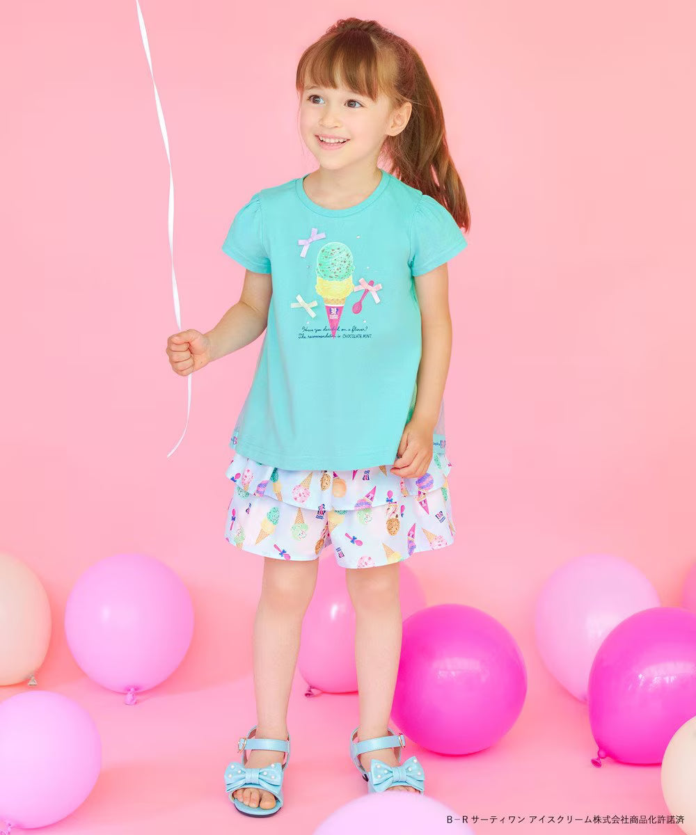 Japanese children's clothing aF#a325 x Baskin-Robbins patchwork rainbow tulle ice cream top 90-140cm girls summer TOPS