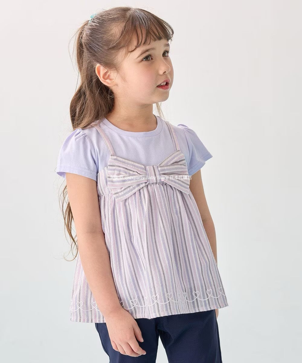 Japanese children's clothing aF#a325 Bowknot fake two-piece top 90-160cm girls summer TOPS