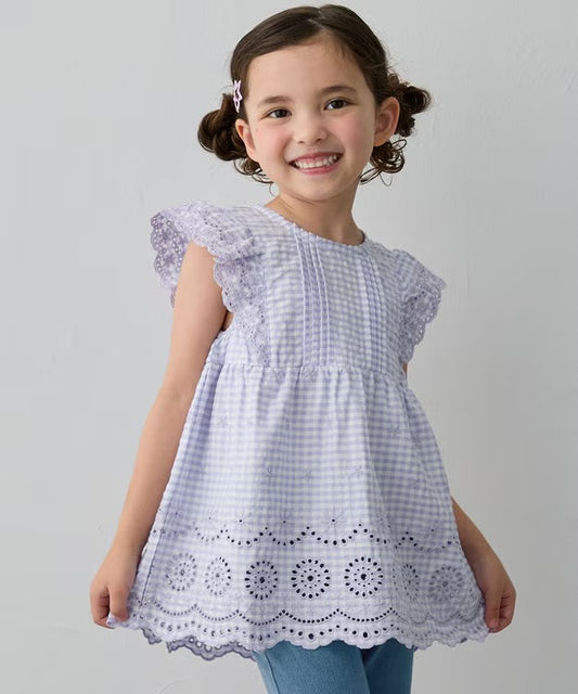 日本童裝 aF#a325 接觸冷感 蕾絲小飛袖刺繡上衣 90-150cm 女童款 夏季 TOPS