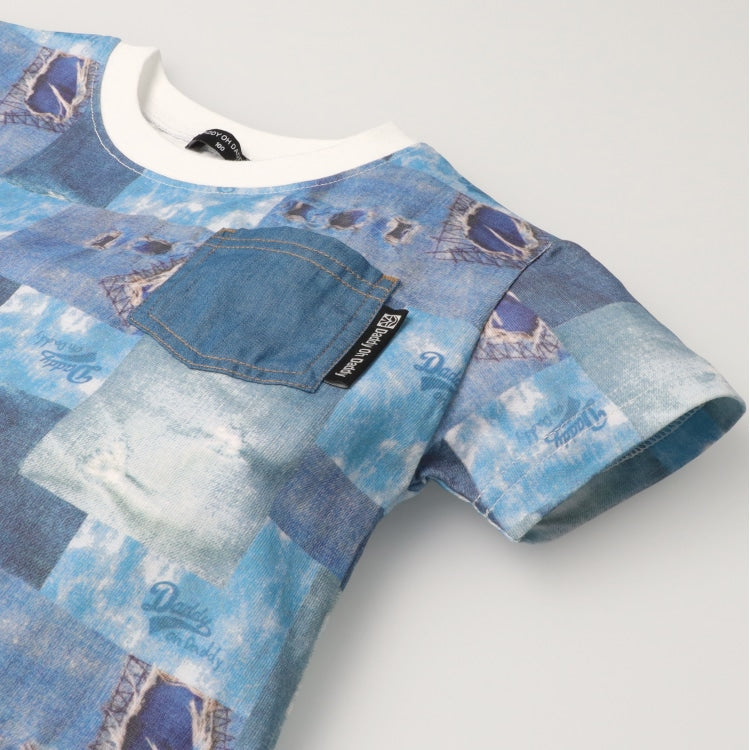 Japanese children's clothing Daddy Oh Daddy denim patchwork print top 90-130cm boys' summer TOPS
