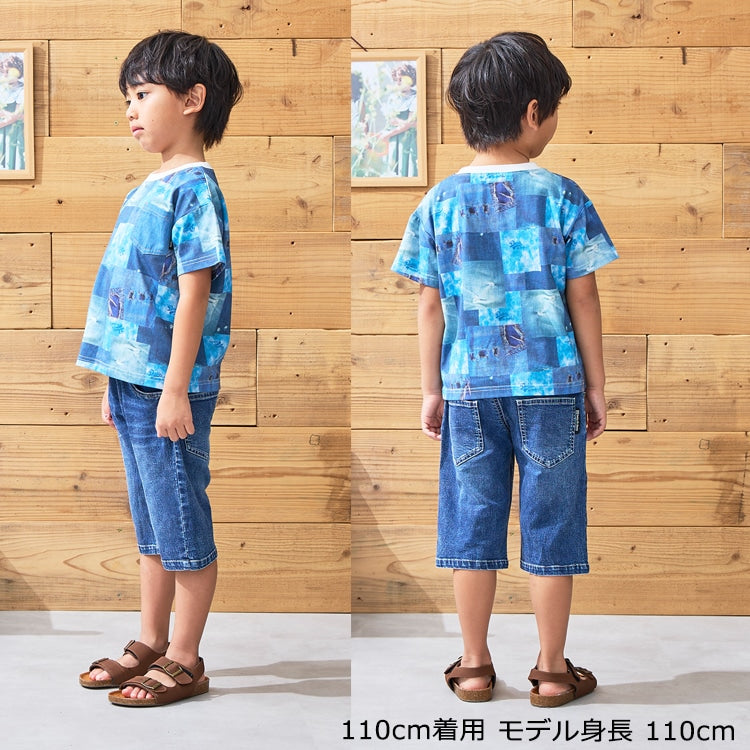 Japanese children's clothing Daddy Oh Daddy denim patchwork print top 90-130cm boys' summer TOPS