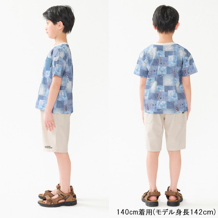 Japanese children's clothing Daddy Oh Daddy denim patchwork print top 140-160cm boys' summer TOPS