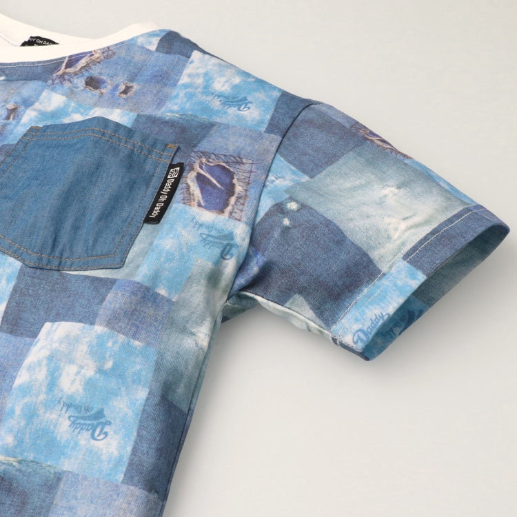 Japanese children's clothing Daddy Oh Daddy denim patchwork print top 140-160cm boys' summer TOPS