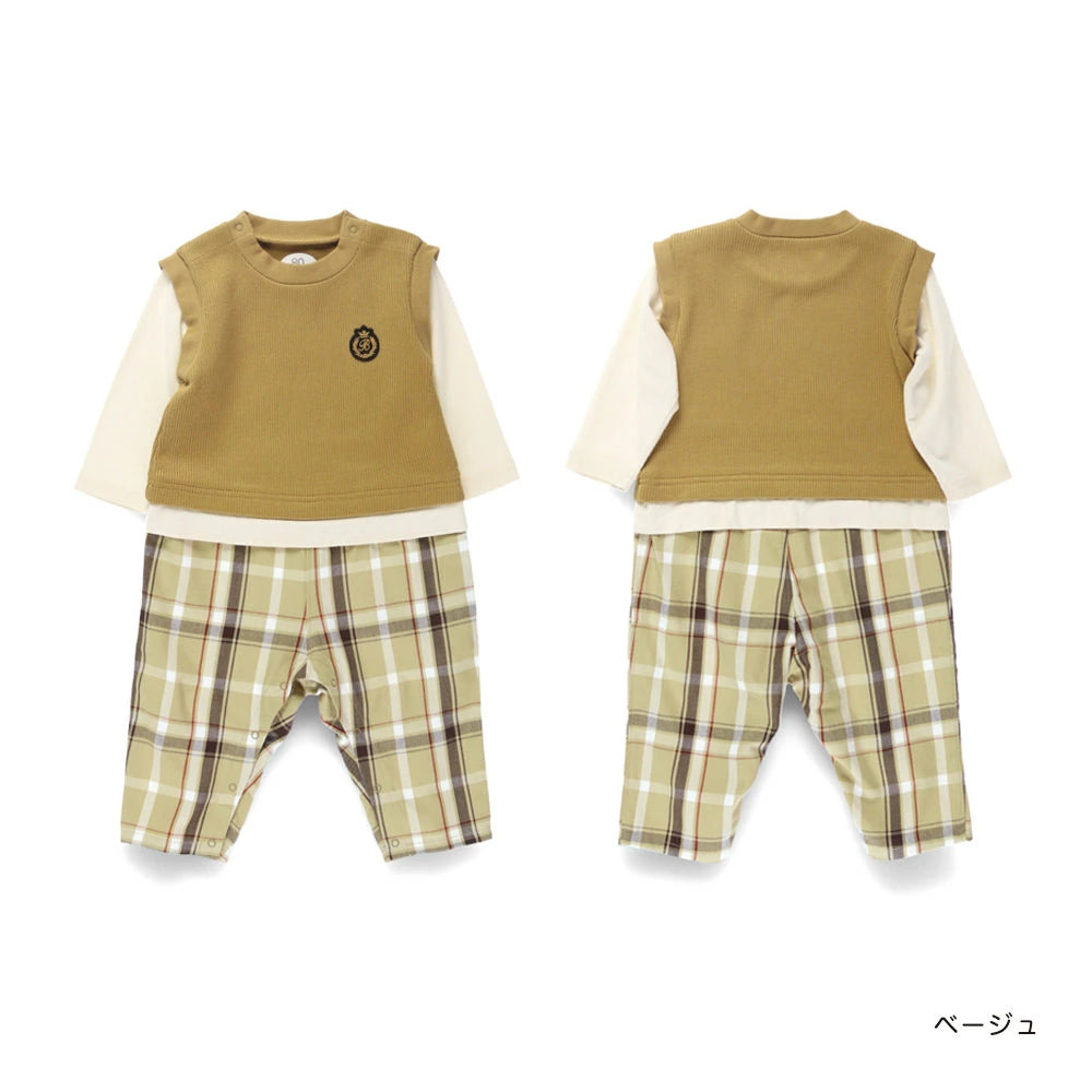 日本童裝 Branshes 格仔拼接假兩件連衣 70-80cm 男童款 秋季 Jumpsuit