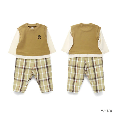 日本童裝 Branshes 格仔拼接假兩件連衣 70-80cm 男童款 秋季 Jumpsuit