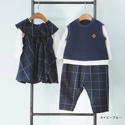 日本童裝 Branshes 格仔拼接假兩件連衣 70-80cm 男童款 秋季 Jumpsuit