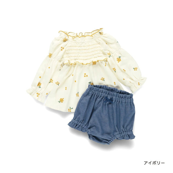 日本童裝 Branshes 金木樨刺繡兩件套裝 70-80cm 女童款 初生嬰兒 秋冬季 TOPS PANTS