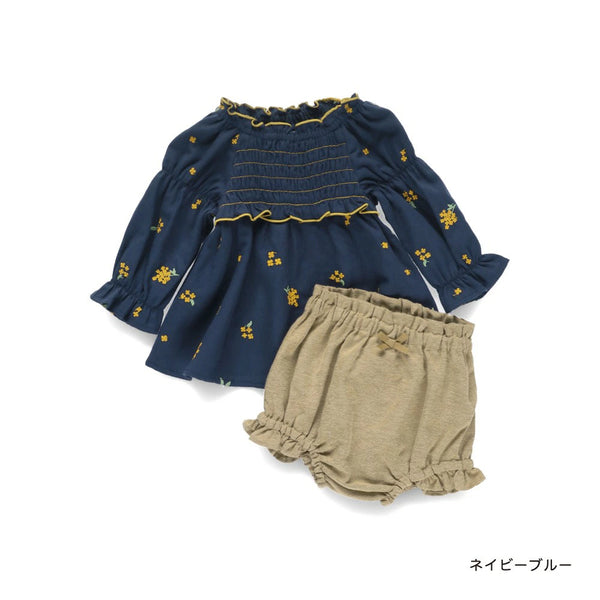 日本童裝 Branshes 金木樨刺繡兩件套裝 70-80cm 女童款 初生嬰兒 秋冬季 TOPS PANTS