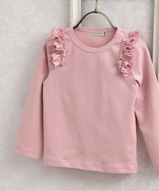 Japanese children's clothing panpantutu cream pink ruffle shoulder top 80-150cm girls summer TOPS 