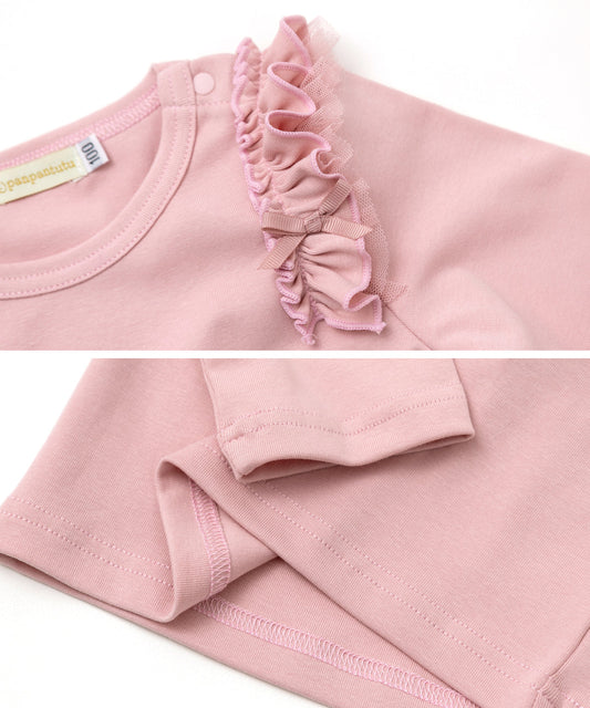 Japanese children's clothing panpantutu cream pink ruffle shoulder top 80-150cm girls summer TOPS 