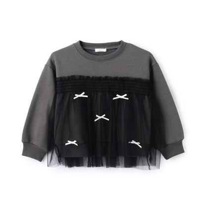 日本童裝 Ly# mine 抓毛緞帶薄紗拼接衛衣 100-150cm 女童款 冬季 TOPS