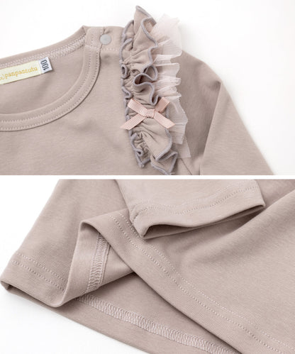 Japanese children's clothing panpantutu milk tea color ruffle shoulder top 80-150cm girls summer TOPS 