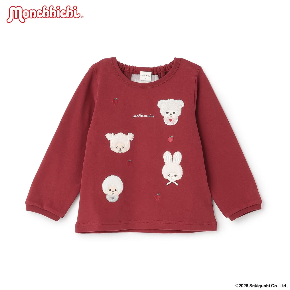 日本童裝 pe#main x Monchhichi 毛毛刺繡圖案上衣 80-130cm 女童款 秋季 TOPS 聖誕紅/新年紅