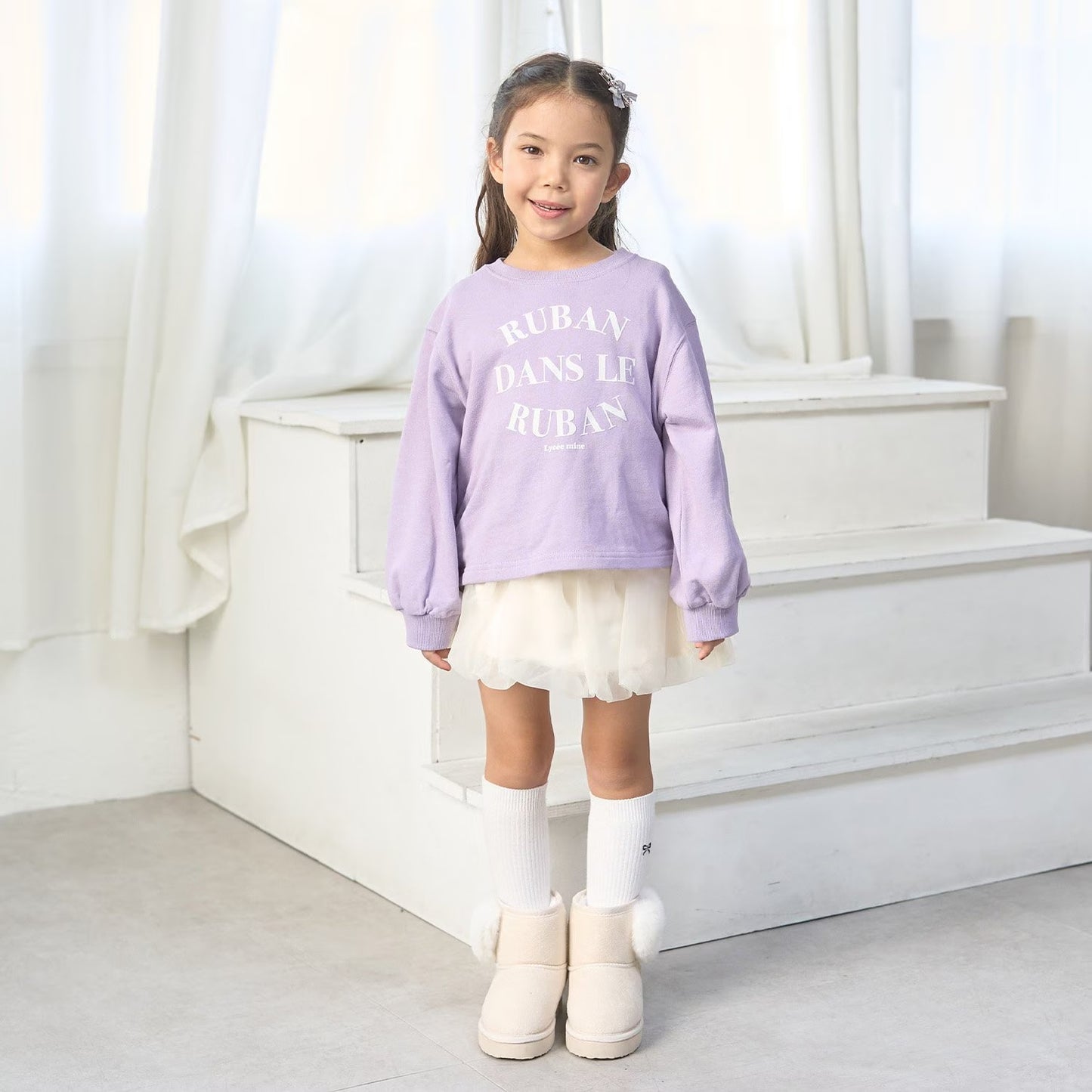 日本童裝 Ly# mine 側邊褶皺印花衛衣 100-150cm 女童款 冬季 TOPS