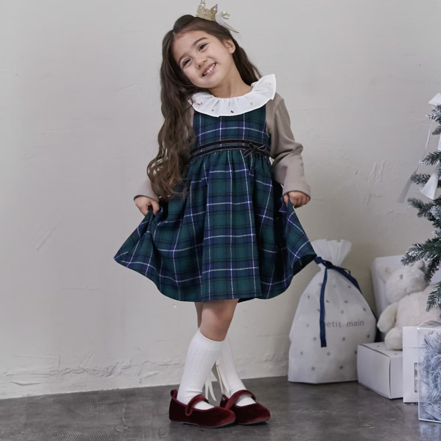 日本童裝 pe#main 假兩件格仔連身裙 80-130cm 女童款 冬季 DRESSES 面試/宴會/表演 聖誕紅/新年紅