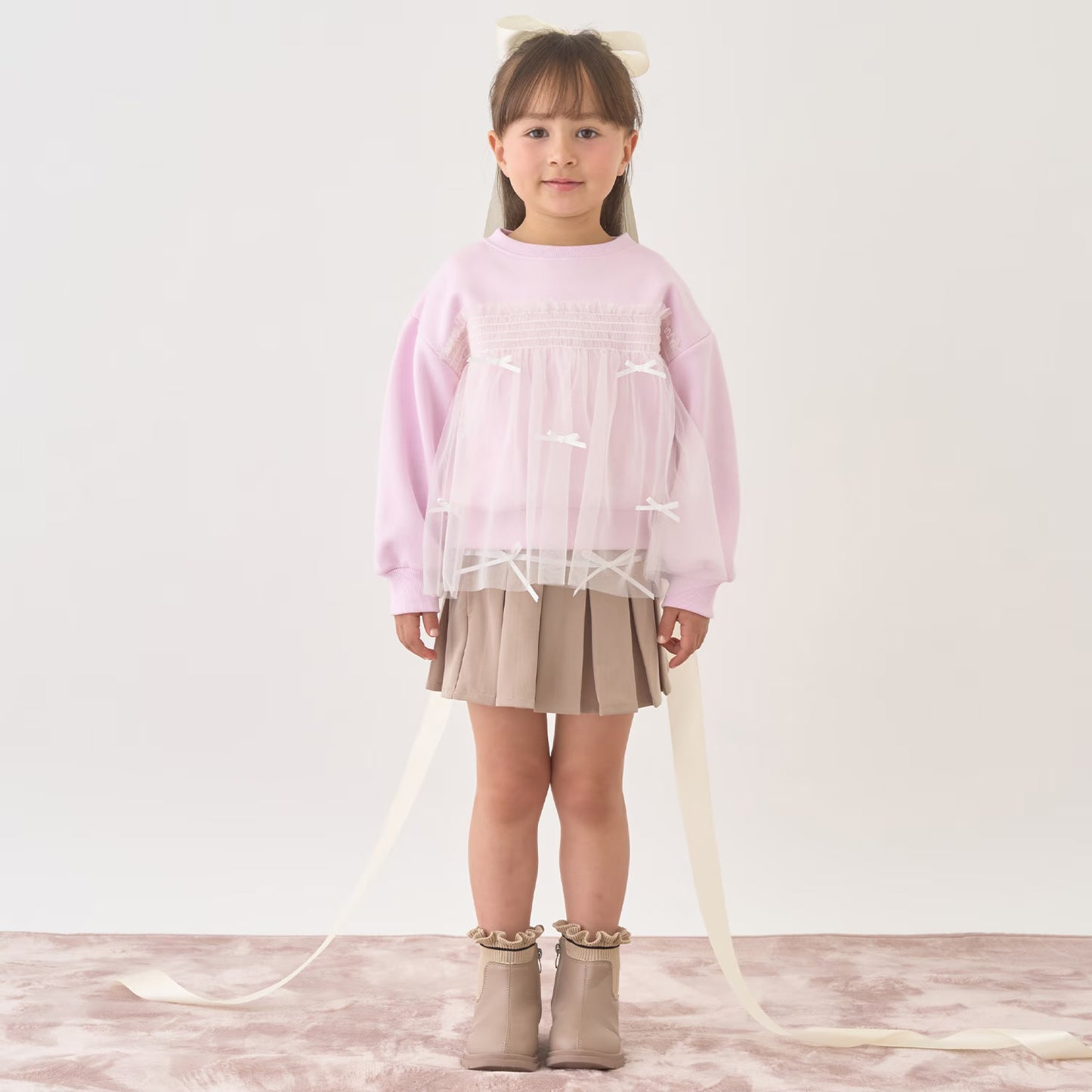 日本童裝 Ly# mine 抓毛緞帶薄紗拼接衛衣 100-150cm 女童款 冬季 TOPS