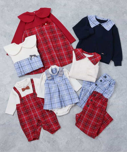 日本童裝 apres les cours 格仔水手領上衣 80-130cm 男童款 冬季 Tops 聖誕紅/新年紅