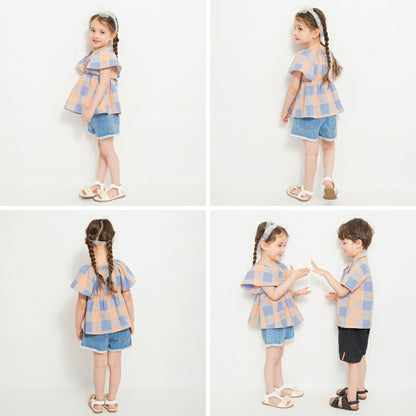 Japanese children's clothing Branches plaid waist top 80-150cm girls summer TOPS 