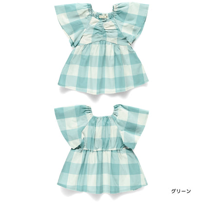 Japanese children's clothing Branches plaid waist top 80-150cm girls summer TOPS 