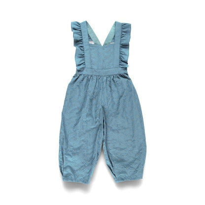 Japanese children's clothing Branches shoulder embroidery ruffle jumpsuit 90-150cm girls summer jumpsuit 