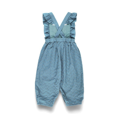 Japanese children's clothing Branches shoulder embroidery ruffle jumpsuit 90-150cm girls summer jumpsuit 