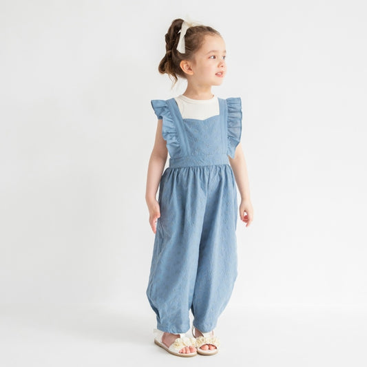 Japanese children's clothing Branches shoulder embroidery ruffle jumpsuit 90-150cm girls summer jumpsuit 