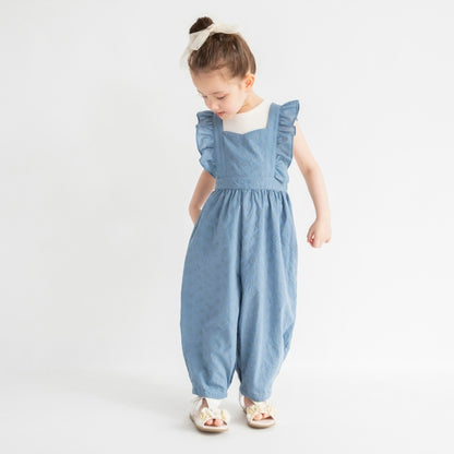 Japanese children's clothing Branches shoulder embroidery ruffle jumpsuit 90-150cm girls summer jumpsuit 