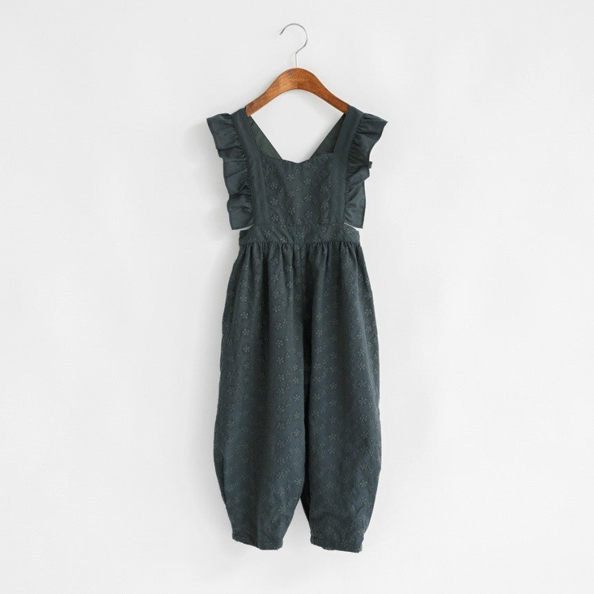 Japanese children's clothing Branches shoulder embroidery ruffle jumpsuit 90-150cm girls summer jumpsuit 