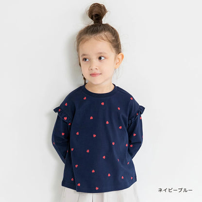 日本童裝 Branshes 印花花邊袖上衣 80-130cm 女童款 秋季 TOPS 聖誕紅/新年紅