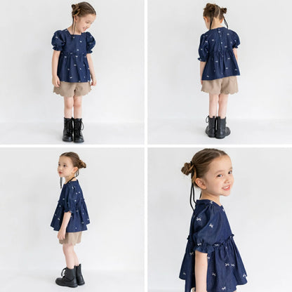 日本童裝 Branshes 蝴蝶結刺繡牛仔上衣 80-150cm 女童款 秋季 TOPS