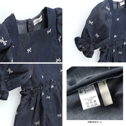 日本童裝 Branshes 蝴蝶結刺繡牛仔上衣 80-150cm 女童款 秋季 TOPS