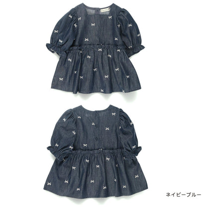 日本童裝 Branshes 蝴蝶結刺繡牛仔上衣 80-150cm 女童款 秋季 TOPS